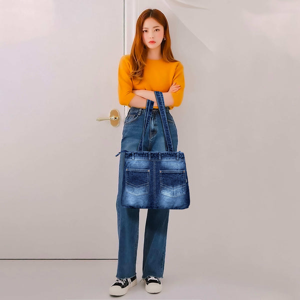 ZAINTO® Denim Tote Bag for Women with Zip | Stylish Shoulder Bag for College, Travel, Work | Spacious, Eco-Friendly, Lightweight Casual Jean Tote | Blue Durable Handbag for Girls & Ladies