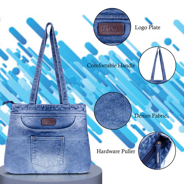 ZAINTO® Denim Tote Bag for Women with Zip | Stylish Shoulder Bag for College, Work & Travel | Eco-Friendly, Spacious,Handbag with jeans Pockets
