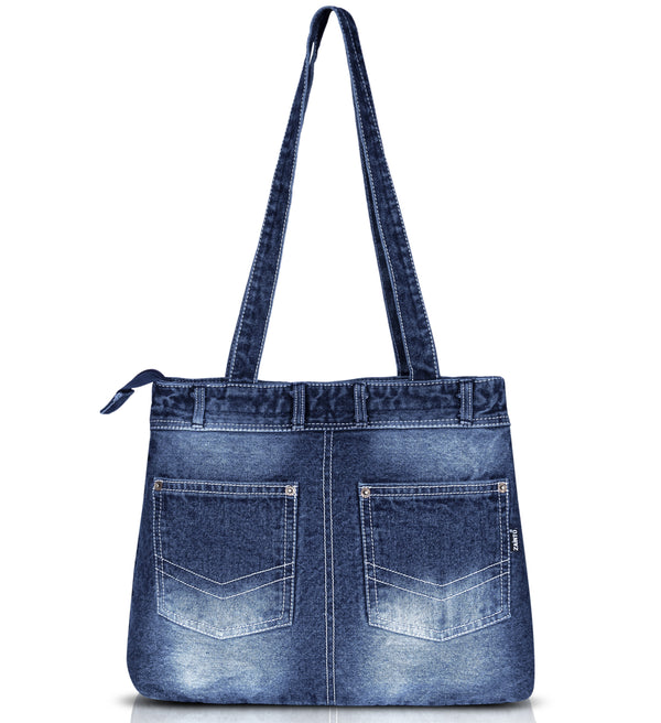 ZAINTO® Denim Tote Bag for Women with Zip | Stylish Shoulder Bag for College, Travel, Work | Spacious, Eco-Friendly, Lightweight Casual Jean Tote | Blue Durable Handbag for Girls & Ladies