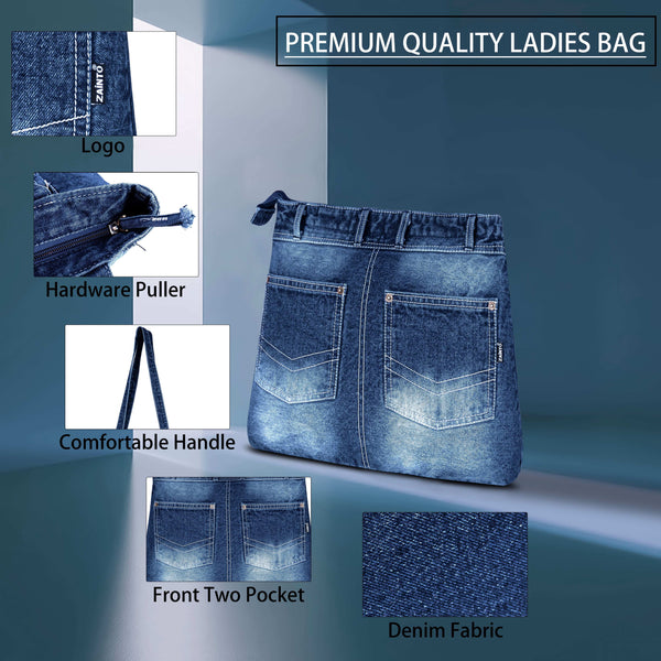 ZAINTO® Denim Tote Bag for Women with Zip | Stylish Shoulder Bag for College, Travel, Work | Spacious, Eco-Friendly, Lightweight Casual Jean Tote | Blue Durable Handbag for Girls & Ladies