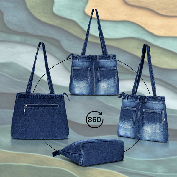 ZAINTO® Denim Tote Bag for Women with Zip | Stylish Shoulder Bag for College, Travel, Work | Spacious, Eco-Friendly, Lightweight Casual Jean Tote | Blue Durable Handbag for Girls & Ladies