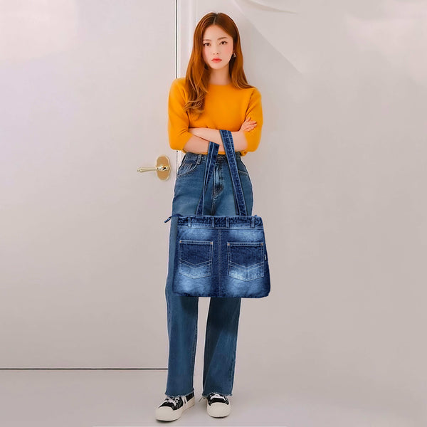 ZAINTO® Denim Tote Bag for Women with Zip | Stylish Shoulder Bag for College, Travel, Work | Spacious, Eco-Friendly, Lightweight Casual Jean Tote | Blue Durable Handbag for Girls & Ladies