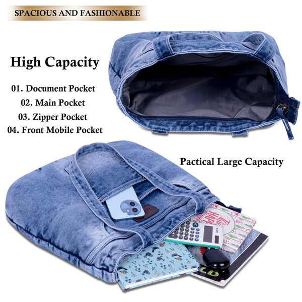 ZAINTO® Denim Tote Bag for Women with Zip | Stylish Shoulder Bag for College, Work & Travel | Eco-Friendly, Spacious,Handbag with jeans Pockets