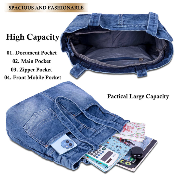ZAINTO® Denim Tote Bag for Women with Zip | Stylish Shoulder Bag for College, Work & Travel | Eco-Friendly, Spacious, Washable Jean Handbag with Pockets