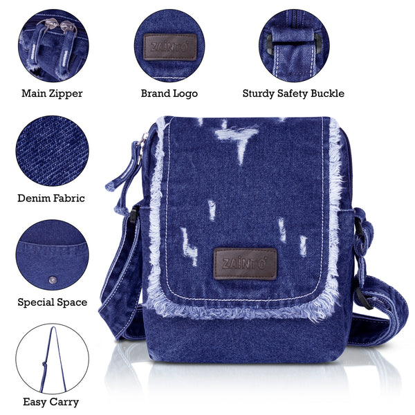 ZAINTO Stylish Denim Crossbody Sling Bag for Women & Girls – Casual Fringe Shoulder Bag with Adjustable Strap