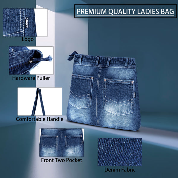 ZAINTO® Denim Tote Bag for Women with Zip | Stylish Shoulder Bag for College, Travel, Work | Spacious, Eco-Friendly, Lightweight Casual Jean Tote | Blue Durable Handbag for Girls & Ladies