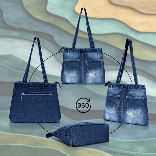 ZAINTO® Denim Tote Bag for Women with Zip | Stylish Shoulder Bag for College, Travel, Work | Spacious, Eco-Friendly, Lightweight Casual Jean Tote | Blue Durable Handbag for Girls & Ladies