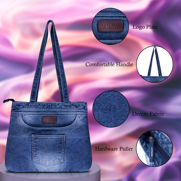 ZAINTO® Denim Tote Bag for Women with Zip | Eco-Friendly College & Office Shoulder Bag | Lightweight, Spacious & Stylish Daily Carryall | Durable Blue Jean Handbag for Girls & Ladies