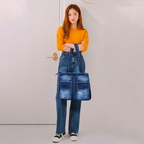 ZAINTO® Denim Tote Bag for Women with Zip | Stylish Shoulder Bag for College, Travel, Work | Spacious, Eco-Friendly, Lightweight Casual Jean Tote | Blue Durable Handbag for Girls & Ladies