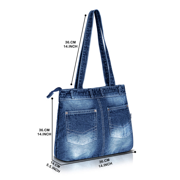ZAINTO® Denim Tote Bag for Women with Zip | Stylish Shoulder Bag for College, Travel, Work | Spacious, Eco-Friendly, Lightweight Casual Jean Tote | Blue Durable Handbag for Girls & Ladies