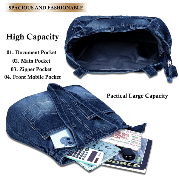 ZAINTO® Denim Tote Bag for Women with Zip | Stylish Shoulder Bag for College, Travel, Work | Spacious, Eco-Friendly, Lightweight Casual Jean Tote | Blue Durable Handbag for Girls & Ladies