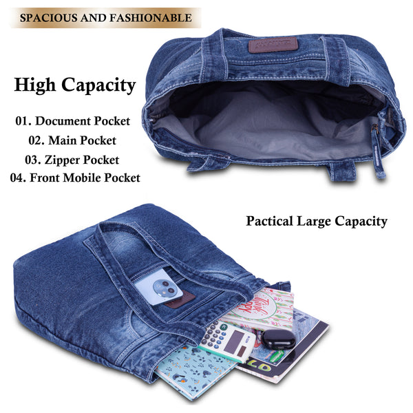 ZAINTO® Denim Tote Bag for Women with Zip | Eco-Friendly College & Office Shoulder Bag | Lightweight, Spacious & Stylish Daily Carryall | Durable Blue Jean Handbag for Girls & Ladies
