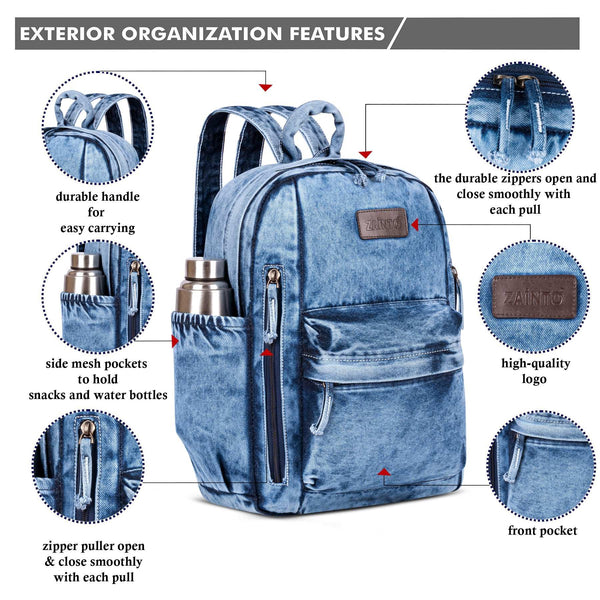 ZAINTO Denim Backpacks for women Stylish Outdoor Travel Commute Daypack Large Capacity Schoolbag College Students Junior High School Students Bookbag