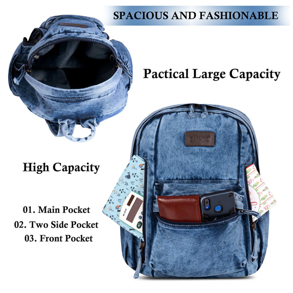 ZAINTO Denim Backpacks for women Stylish Outdoor Travel Commute Daypack Large Capacity Schoolbag College Students Junior High School Students Bookbag